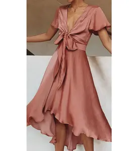 Spring Summer butterfly sleeves high low skirt with a tight waistband soft satin occasional rose dress sunny daze dress