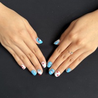 Faux ongles carrés courts à presser, motif pomme bleue, chiot, étoile et nœud, peints à la main, en gel, faits à la main, réutilisables, ajustement personnalisé