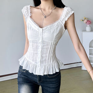 Chaleco pequeño con encaje francés, pliegues acordeón, ajuste ceñido, color liso y ribete de volantes, top sin mangas. - Product Image 5