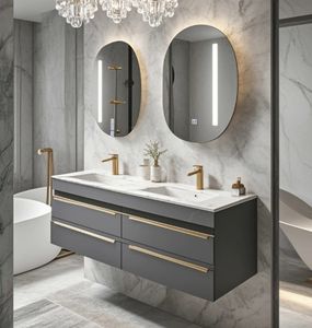 Mueble de Baño de Madera Gris, Mueble de Baño Personalizado con Estantes, Juego de Tocadores de Baño con Cajones y Espejo - Product Image 1