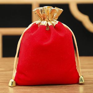 ถุงผ้ากำมะหยี่สีแดงรีไซเคิลได้สำหรับใส่เครื่องประดับพร้อมหูรูดสีทองสำหรับบรรจุภัณฑ์ของขวัญเทียนหอม-ลายปั๊ม - Product Image 4