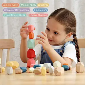 도매 어린이 몬테소리 모란디 나무 곡물 돌 퍼즐 세트 다채로운 아기 교육 장난감 스테이킹 빌딩 블록 아기를위한