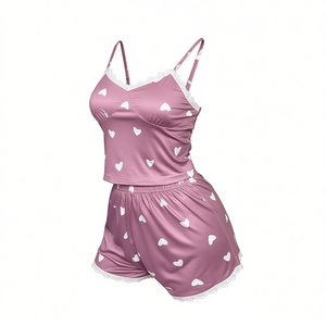 High Quality <b>Women's</b> Sexy <b>Summer</b> Knitted Lace Short-Sleeved <b>Pajamas</b> Set Two Piece Printed Top Shorts Vacation Style Home Wear - Product Image 1