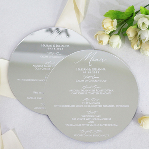 Círculo personalizado redondo plata espejo acrílico menú tarjetas blanco lámina impresión lujo DIY boda cena restaurante menús - Product Image 6
