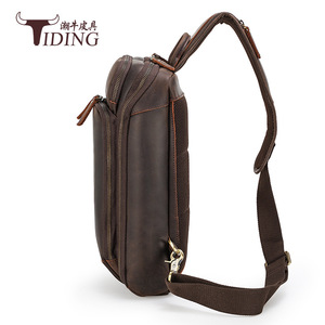 Sac de poitrine pour homme Tiding en cuir véritable marron foncé, grande capacité, résistant à l'usure, sac bandoulière avec détails de couture, usage quotidien - Product Image 3