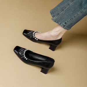 Mocasines con Punta Cuadrada y Decoración de Perlas, Zapatos de Mujer de Charol, Estilo Clásico para Todas las Temporadas - Product Image 2