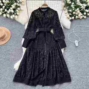 Vestido Maxi Casual de Invierno 2024 para Mujer, Estilo Vintage, Tejido Ecológico, Lavable, con Mangas Farol, Cintura Imperio, Bordado y Encaje, Corte en A - Product Image 3