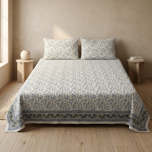 Juego de Ropa de Cama de Algodón Cambray con Estampado Floral de Alta Calidad, Hecho a Mano en India, Tamaño Queen y King, con Fundas de Almohada - Product Image 3