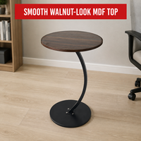 Table d'appoint ronde moderne avec plateau en MDF noyer et pieds en métal noir en forme de C, table d'appoint minimaliste pour salon et chambre