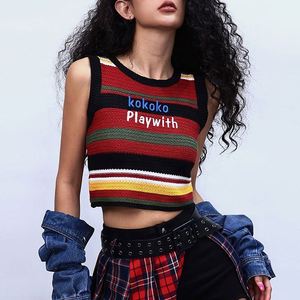 เสื้อครอปถักสำหรับผู้หญิงระบายอากาศได้ดีเสื้อถักแขนกุดลายทางลำลองตกแต่งโลโก้ไม่เป็นแผ่น - Product Image 2