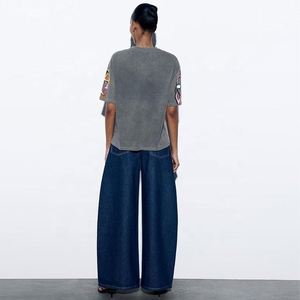 Camiseta pesado de algodón con estampado completo de diseñador vintage personalizado para mujer temporada de verano con decoración de logotipo - Product Image 3