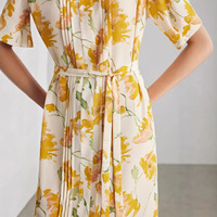 Robe florale luxueuse 100 % soie de mûrier pour femme, élégante, vintage, col rond, manches courtes, en crêpe de Chine, longueur midi, été 2026