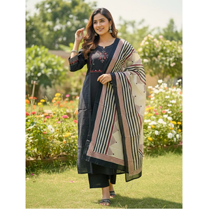 Conjunto de Kurta y Pantalón de Algodón Azul Bordado con Dupatta a Rayas Geométricas, de Secado Rápido y Sin Arrugas, Ropa Étnica para Mujer - Product Image 1