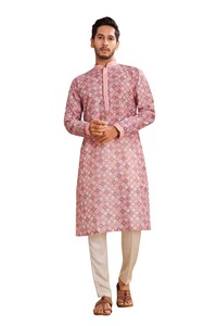 <b>Men's</b> Pink Embossed Cotton Traditional Regular Fit Ankle-Length <b>Kurta</b> for Casual Party Wear India Pakistan Style Breathable - Product Image 3