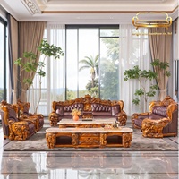 Ensemble de canapés en cuir sculpté en bois massif de style européen et nouveau style chinois pour grandes villas, mobilier de salon six places