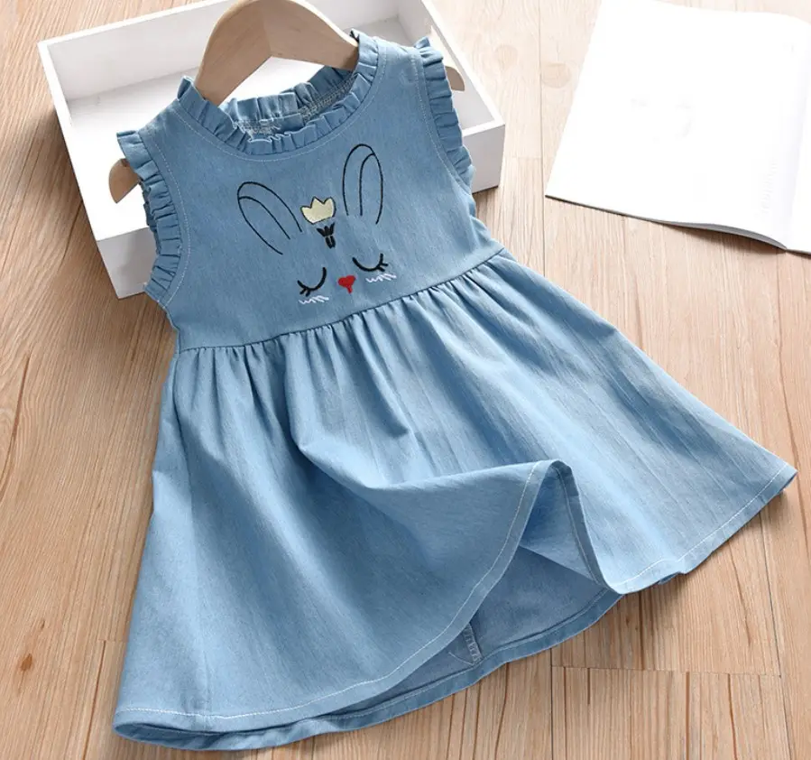 Sleeveless Girls Dresses for Summer Cartoon Printing Denim Toddler Dress Baby Girl Clothes High Quality Kids Wear