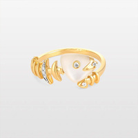 Anillo Abierto de Latón Chapado en Oro Estilo Océano con Concha de Espina de Pescado Chapada en Oro, Moderno, con Circonita Natural para Hombre y Mujer