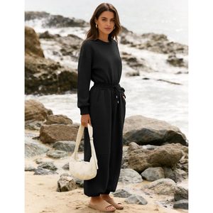 Combinaison décontractée pour femmes, manches longues, col rond, jambes larges, taille à cordon de serrage avec poches, tenue toutes saisons - Product Image 3