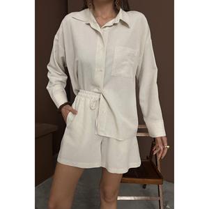 Conjunto de Lino Beige Alaat al por Mayor para Mujer, Conjunto de Top y Pantalones Cortos Transpirables de Manga Larga - Product Image 2