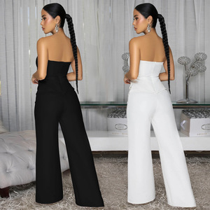 <span class=keywords><strong>Combinaison</strong></span> <span class=keywords><strong>pantalon</strong></span> longue pour <span class=keywords><strong>femme</strong></span>, sans bretelles, ornée de strass et de boutons, coupe large, sans manches, taille haute, style moulant et formel - Product Image 2