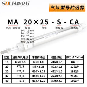 Cilindros Neumáticos Miniatura de Acero Inoxidable MA32/40-25/50/75/100/125/200/300-S-CA - Product Image 3