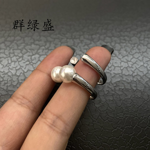 Qunlvsheng S925 Sterling <b>Silver</b> <b>Ring</b> With Double Pearl <b>Adjustable</b> Opening Geometric Design Unisex Jewelry Gift - Product Image 2