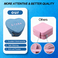 Boîte de rangement à bijoux portable en tissu denim personnalisable en forme de cœur avec fermeture éclair, mini étui de présentation pour femme
