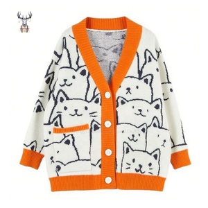 Nanteng Op Maat 100% Katoen Houd Warme Varsity-Stijl Schattig Cartoon Kattenpatroon Anti Rimpel V-Hals Damesvest Trui - Product Image 1