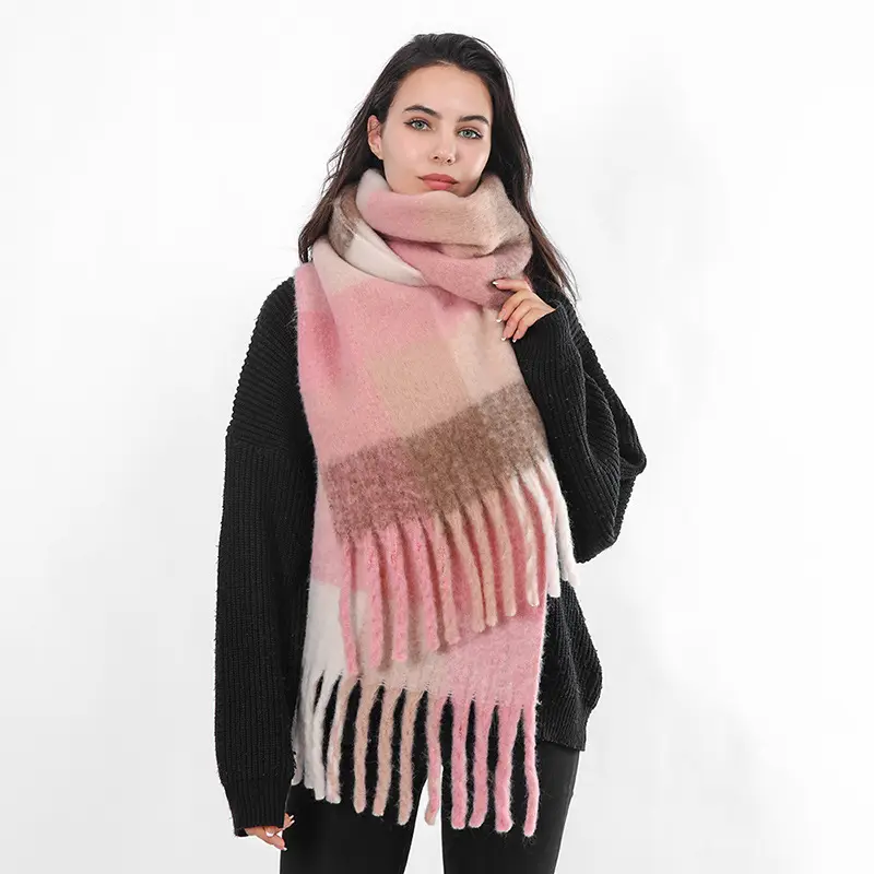 Hot Sale Winter Warm Plaid Scarf Shawl Knitted Pattern Gradients Mohair Scarf For Women