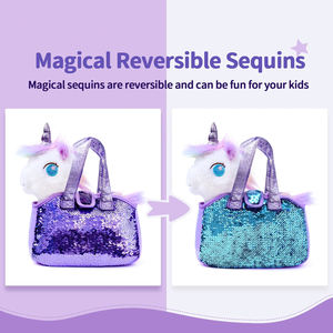 Mor <span class=keywords><strong>Unicorn</strong></span> peluş geri dönüşümlü pullu evcil hayvan taşıyıcı çanta Sparkle küçük kızlar için yumuşak doldurulmuş hayvan taşıyıcı oyuncak çanta - Product Image 6