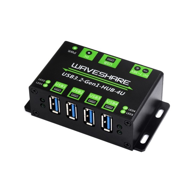 Waveshare USB3.2-Gen1-HUB-4U 4-Port USB 3.2 Gen1 Hub Metal Case Wall-Mount Support Driver-Free Plug-and-Play Multiple Systems