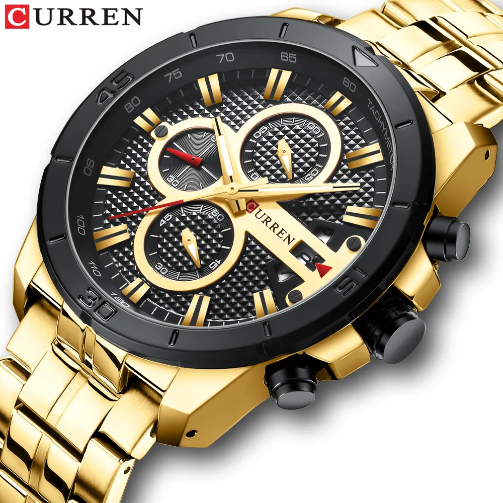 CURREN 8337 luxe gouden mannelijke quartz horloge designer stalen Band 3 wijzerplaten chronometer kalender running polshorloge