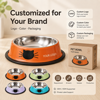 Bol pour animaux de compagnie en acier inoxydable OEM, imprimé visage de chat, base en caoutchouc antidérapante et imperméable, bol coloré pour nourriture et eau pour chats et chiens