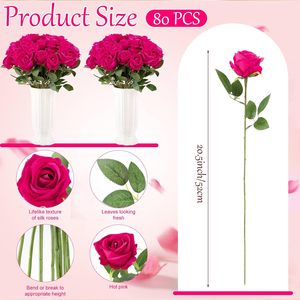 زهور حرير صناعية مخصصة، بتلات ورد حمراء مزيفة، ورود طويلة الساق لعيد الحب وباقات الزفاف وديكور المنزل والحفلات - Product Image 2
