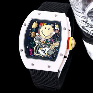Montre mécanique originale en forme de baril, cadran 3D motif sourire arc-en-ciel, boîtier blanc, bracelet en tissu noir, montre créative et amusante, tendance - Product Image 1