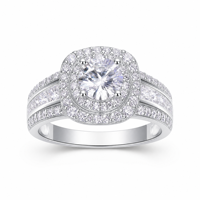 Bague en Moissanite Ronde Taille Brillant avec Halo et Épaules Pavées, Bande Fendue, Bijoux de Mode pour Femme, Collection Cadeau en Gros