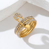 Maßgefertigter 18K Vergoldeter Edelstahl Mehrschichtiger Sicherheitsnadel-Ring mit CZ-Kristallen für Damen, Breites Statement-Band, Modeschmuck-Geschenk