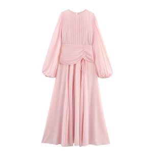 Robe longue maxi décontractée rose à col rond et manches lanternes plissées pour femme avec doublure - Product Image 3