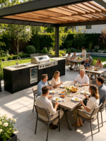 Station de cuisine extérieure tout-en-un robuste et réglable en acier inoxydable avec barbecue à gaz, évier, robinet et porte vitrée sous comptoir