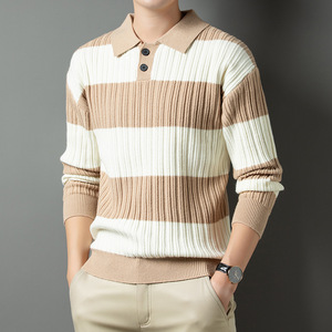 Outono e Inverno Novo Casual Solto Listrado Camisa dos homens Collar Camisola Camisola De Malha - Product Image 3