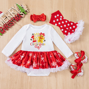 Christmas Snowflake Bag Fart Skirt Girls' Skirt Set Baby Long Sleeved Baby One-piece Skirt Four Piece Set Wholesale for Baby - Product Image 3