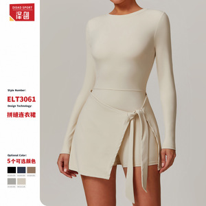 ดิสโก้ สปอร์ตชุดเทนนิสแขนยาวสำหรับผู้หญิง สีพื้น กระโปรงทรงเข้ารูป ดีไซน์เปิดหลัง พร้อมผ่าข้าง รุ่น ELT3061 - Product Image 5