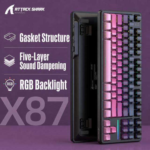 Attack Shark X87 Wireless Tri-mode Gasket Mechanical Keyboard RGB Side Printed PBT Keycaps TKL 87 Keys for Desktop/Laptop