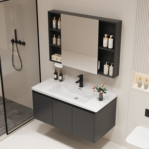 Mueble de Baño Moderno con Lavabo Integrado de Cerámica y Combinación de Muebles de Vanidad con Frente de Aluminio en Forma de Panal para Apartamentos - Product Image 4