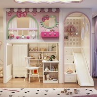 Lit superposé JS au design original en forme de chat, pour chambre de fille, avec escalier, armoire, toboggan et arche, mobilier de chambre de princesse