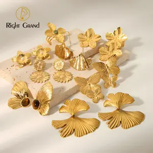 Vintage declaración de acero inoxidable 18K oro perla mariposa flor Stud pendientes mujeres piedra Natural Clip en pendientes joyería