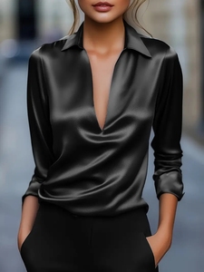 Chemise de travail élégante <span class=keywords><strong>en</strong></span> satin pour <span class=keywords><strong>femme</strong></span>, col classique, manches longues, style moderne et décontracté, hauts de créateur pour femmes - Product Image 5