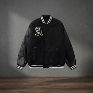 Men's Black Canvas Varsity <b>Jacket</b> <b>with</b> Embroidered Letter a Front Logo Regular Fit V-neck Casual Winter Wear <b>Fleece</b> <b>Lining</b> - Product Image 4