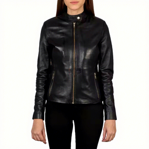 Chaqueta de cuero genuino negro para mujer, estilo motero, con cuello alto, piel de oveja, cremallera central, bolsillos laterales con cremallera, corte ajustado, abrigo cálido personalizado - Product Image 1