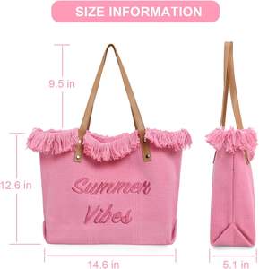 กระเป๋าโท้ทชายหาดสีชมพูปักลายโลโก้แบบกำหนดเอง ขนาดใหญ่จุของได้เยอะ สายสะพายไหล่ผ้าแคนวาส สายหนัง กระเป๋าถือสำหรับผู้หญิง - Product Image 2